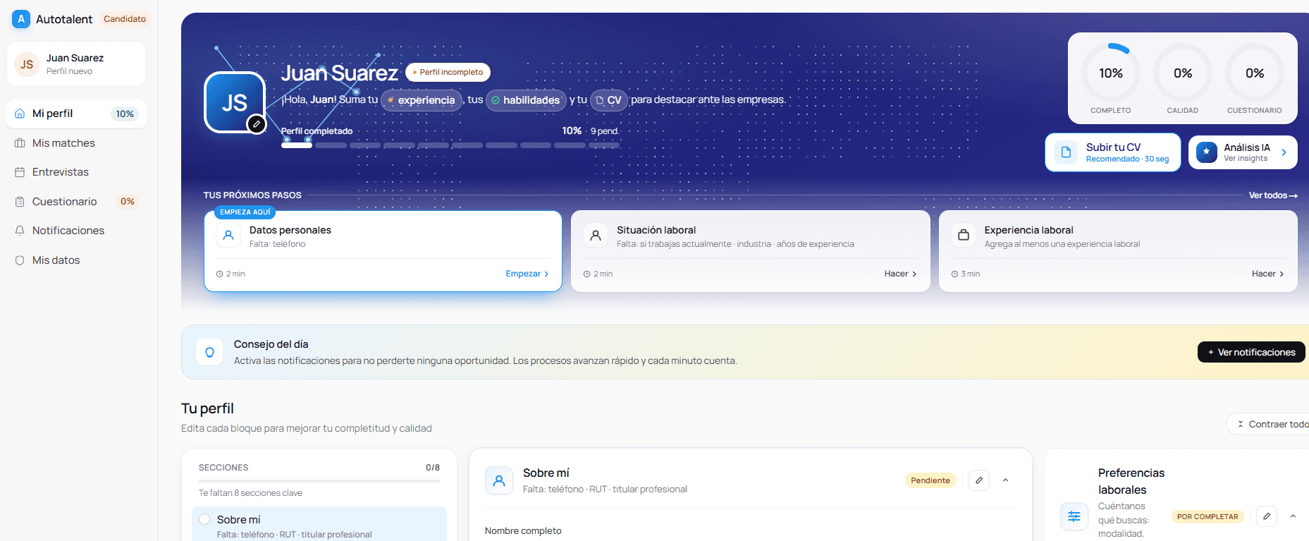 Vista del portal de candidato de Autotalent